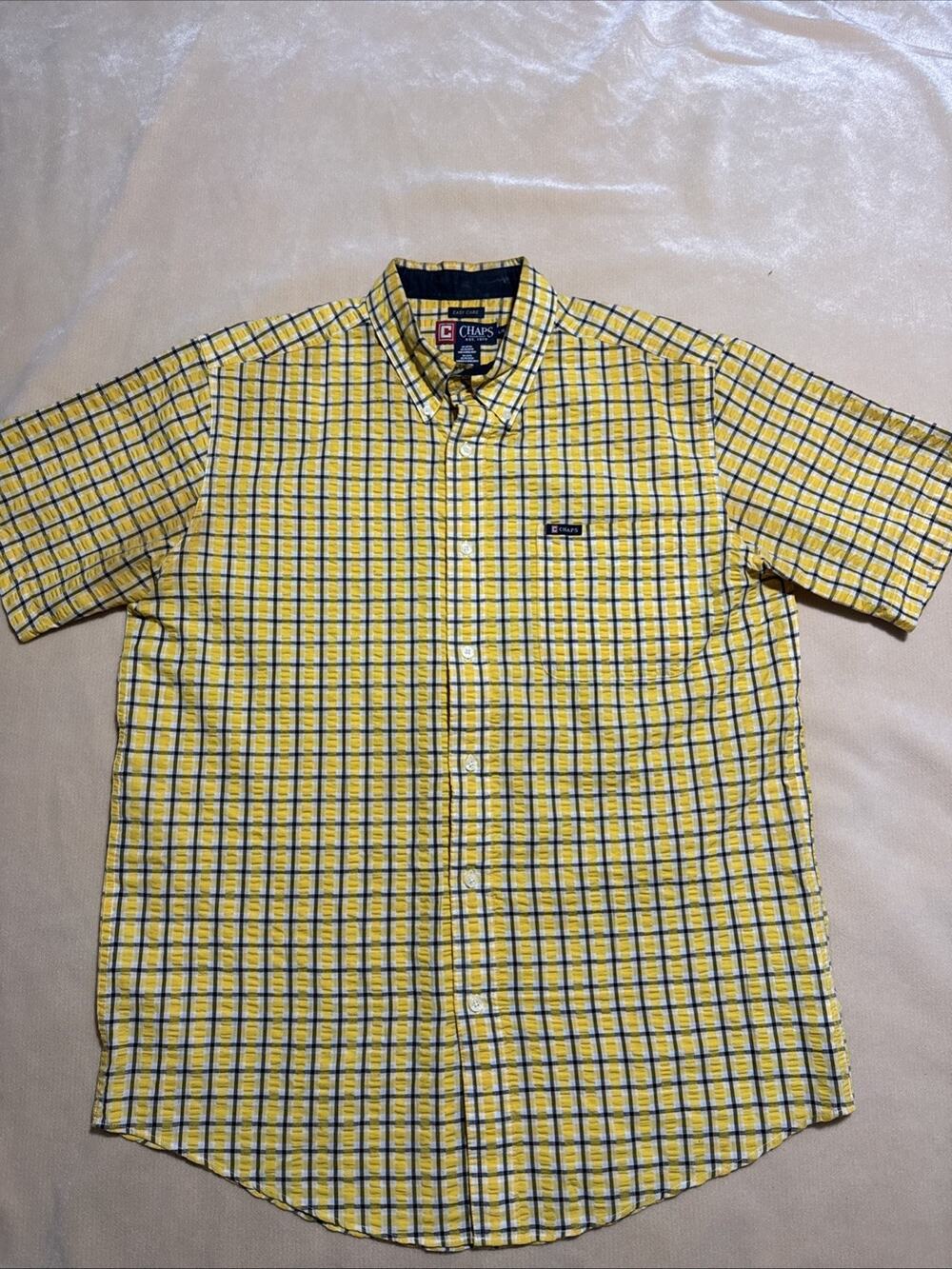 Chaps Shirt Button Down Size L Seersucker Yellow Window Men Short Sleeve